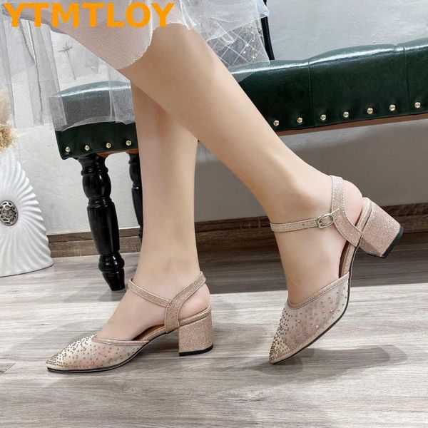 

2020 pointed knit woven fashion ladies half high heels high-heeled muller shoes lazy casual female buckle sandals, Black