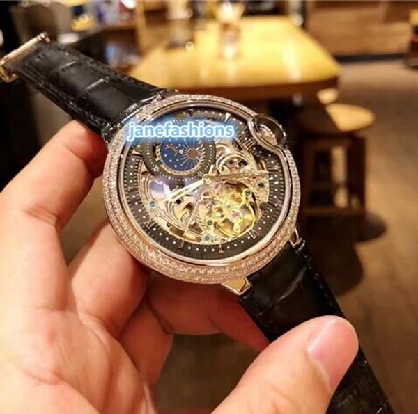 

New hollow men 039 automatic watch ilver diamond fa hion watche black leather waterproof port bu ine watch hipping