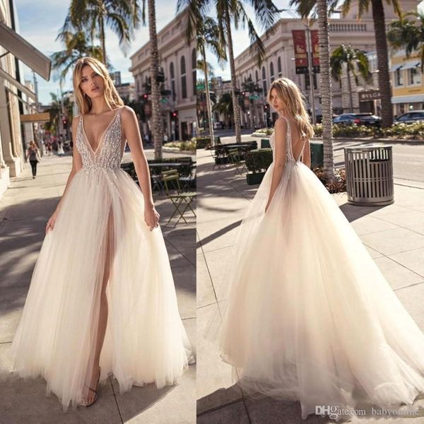 

berta beaded v neck wedding dresses sheer see through open back long split side pageant bridal wedding gowns robe de soriee, White