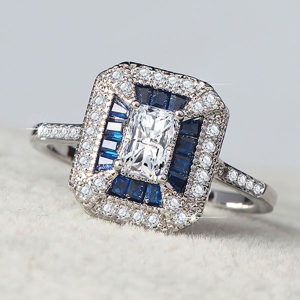 

fashion women's wedding jewelry gifts white square zircon rings retro court style inlaid blue zirconia rings for engagement anel, Silver