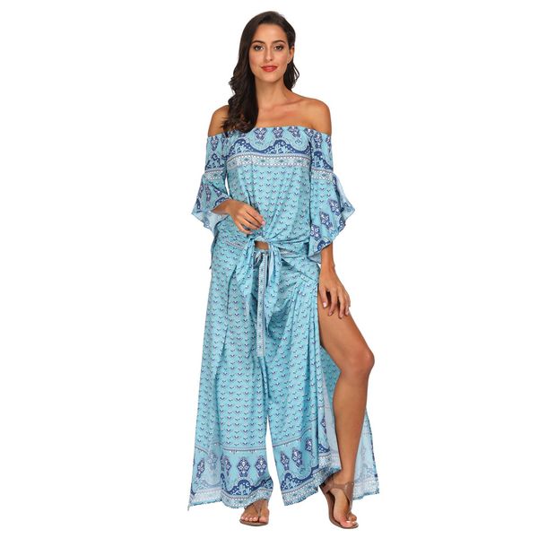 

2019 new arrival yoga suit women 3d printed flare sleeve lace up breathable quick dry wide leg pants beach style set, White;red