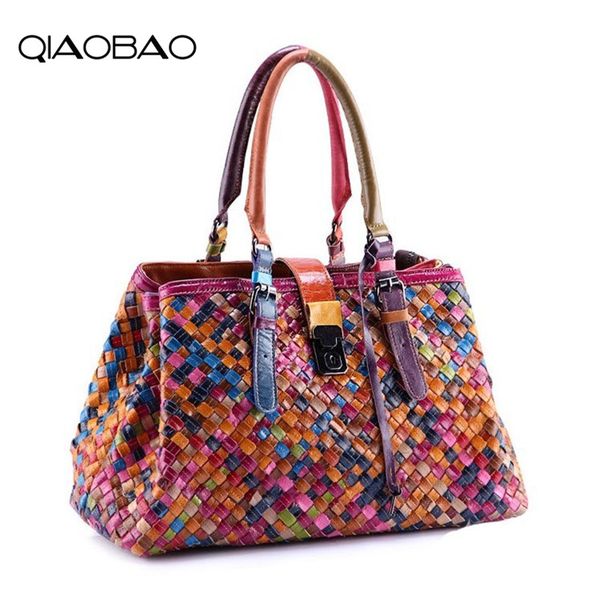 

qiaobao the new leather sheepskin bag stitching bag hand-woven handbags oil wax leather handbag