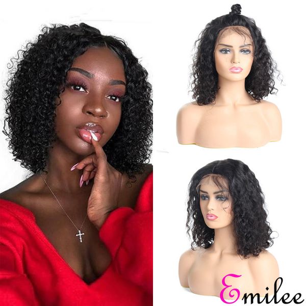 

emilee 14" short bob curly wigs pre plucked with baby hair mongolian curly remy hair wigs 14 inch 150% density, Black;brown