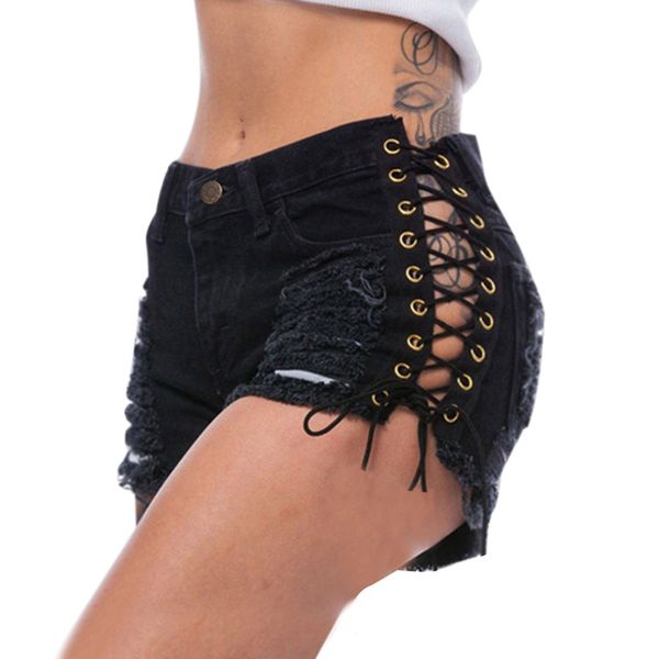 

2019 summer solid lacing women denim shorts new hole short feminino slim bandage jeans shorts female ripped short pants, White;black