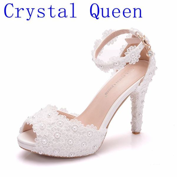 

crystal queen women platform sandals high heels waterproof female white lace wedding shoes pointed toe peep lace flower pearls, Black
