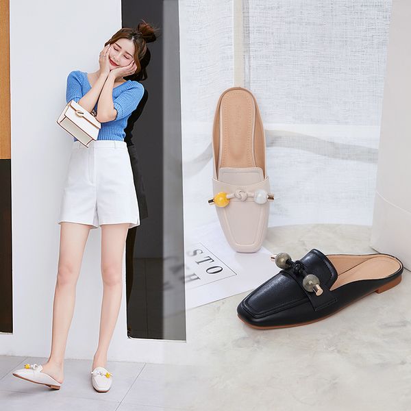

colorful beads ball strap closed toe mules slippers women comfy pearl square toe slides outwear anti-skid sewing flats sandalias, Black