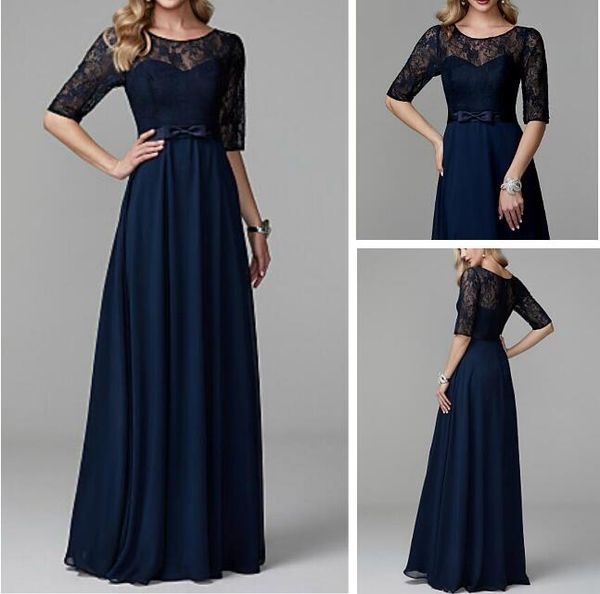 2019 Elegante abito da sera per la madre della sposa in pizzo gioiello blu navy e mezze maniche in chiffon