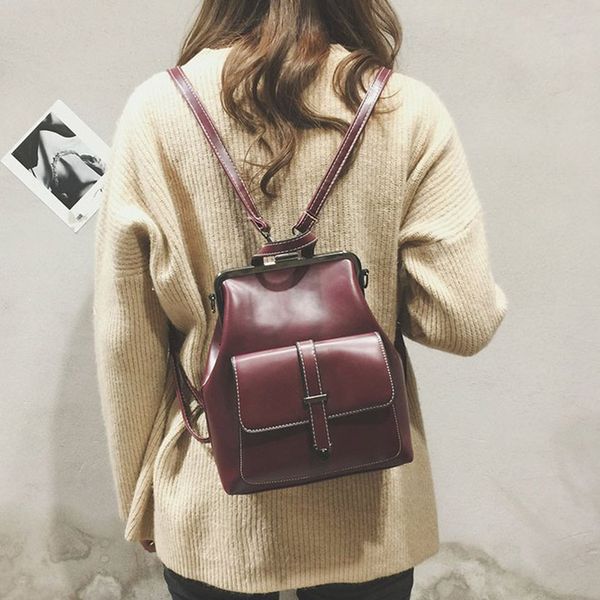 

2019 new fashion vintage women backpack pu solid color adjustable strap shoulder bag satchel for school bs88
