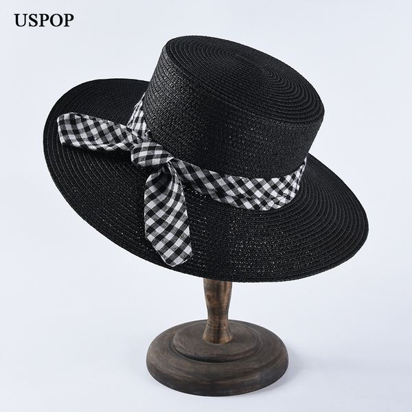 

uspop 2019 women flat sun hats plaid bow-knot straw hats casual summer large brim beach hat, Blue;gray
