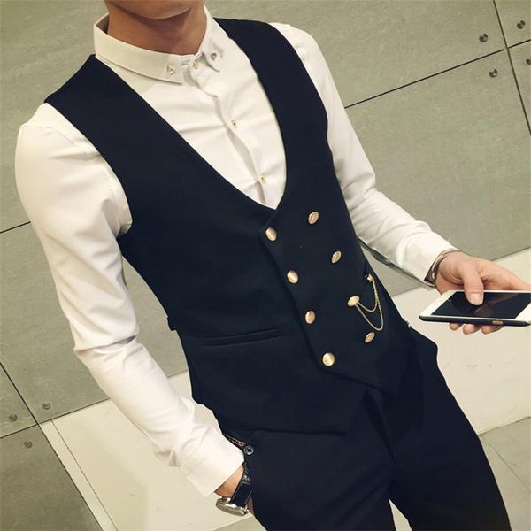 

polyester new fashion double breasted slim chaleco sleeveless cotton waistcoat suit vest the back strap 3 color male dress vest breathable, Black;white