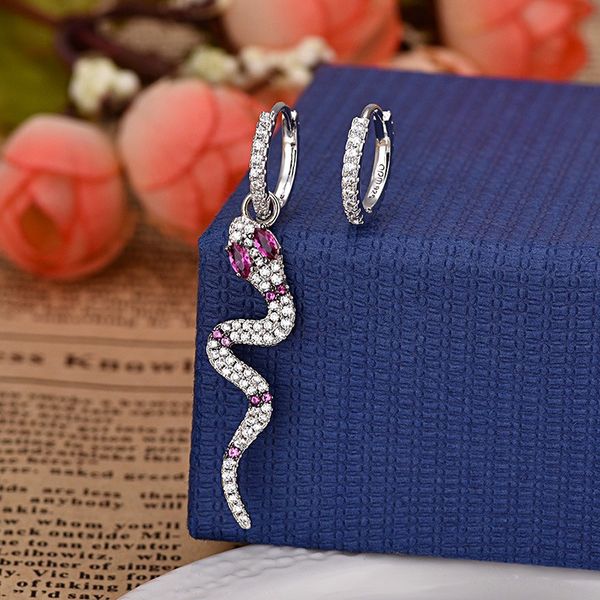 

red spirit snake asymmetric earrings european and american micro-inlaid zircon punk style fashion jewelry couple gift jewelry zk40, Silver