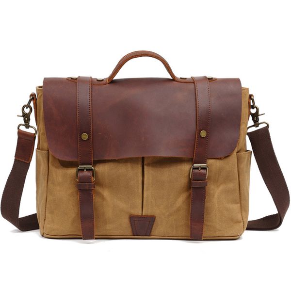 

crazy horse leather canvas bag briefcase hand-held waterproof oil wax man retro shoulder sloping handbag