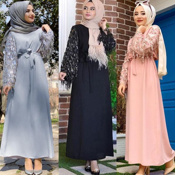 

luxury sequins abaya tassels muslim maxi dress cardigan long robe gowns jubah kimono eid ramadan islamic worship service, Red