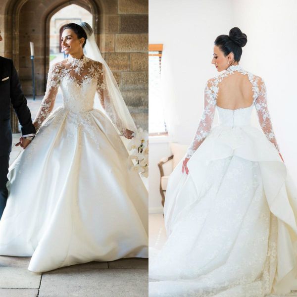 

sheer high neck wedding dresses 2019 princess ball gown long sleeve backless royal design bridal gowns custom plus size, White