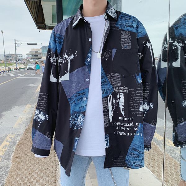 

spring shirt men's fashion retro printed casual shirt men streetwear wild loose long-sleeved shirts mens large size -5xl, White;black