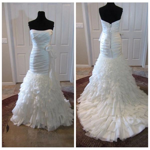 

enchanting strapless white mermaid wedding dress ruffled skirt affordable wedding dresses online drop waist lace up back bridal gowns