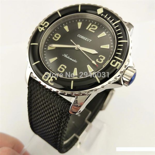 

corgeut 45mm canvas strap black bezel black dial miyota automatic wrist watch 2671, Slivery;brown