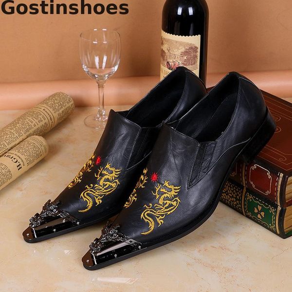 

men shoes black genuine leather dragons embroidered casual leather shoes slip-on metal capped toe men loafers for wedding party