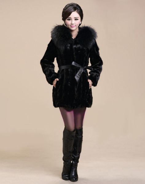 

female fur mink full leather cap overcoat fur collar imitated coat, Black