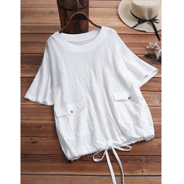 

youyedian womens and blouses plus size summer fashion ladies solid with pocket tunic shirt short sleeve o-neck blouse, White