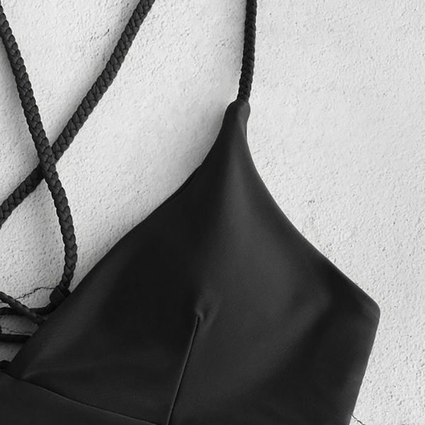 

women bandage push-up bikini padded bra swimsuit girl beachwear solid color black swimwear one pieces cross bandage
