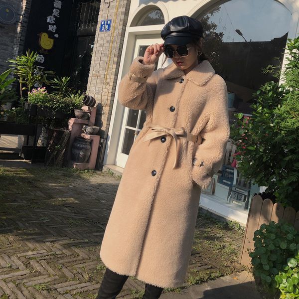 

the new fur long fur one sheep sheared wool coat long coat, Black