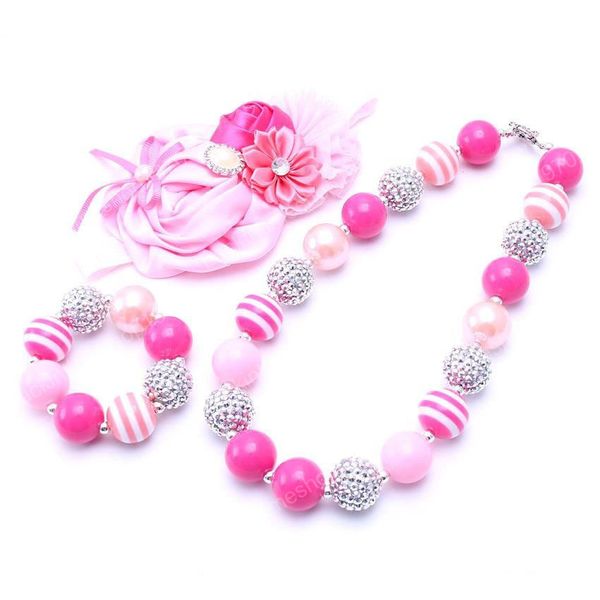 Set Festa de aniversário bonito cor-de-rosa NecklaceBracelet Headband 3PCS presente Toddlers Meninas Bubblegum Colar Chunky Criança Jóias