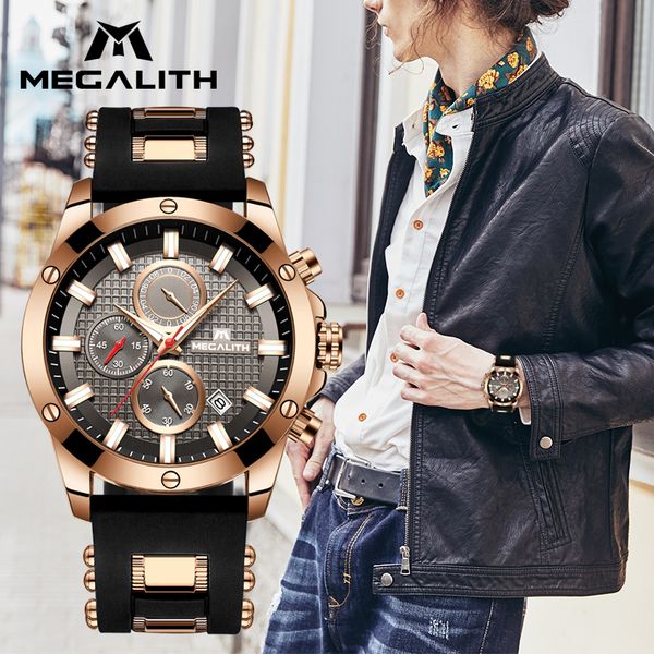 

megalith fashion chronograph men watches date silicone strap sports quartz watch men luminous waterproof clock relogio masculino, Slivery;brown
