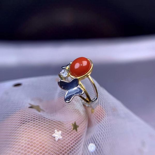 

charm natural precious coral ring with silver butterfly for women, Golden;silver