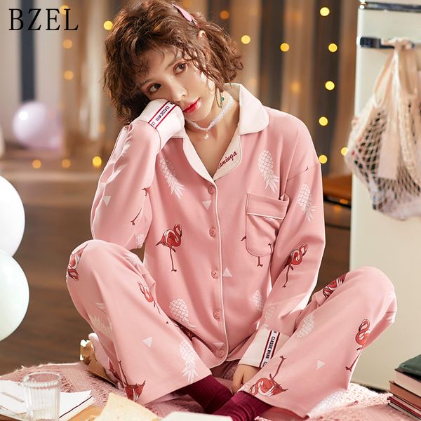 

bzel women pyjamas sets cotton pink flamingo pajamas long sleeve sleepwear suit warm female sleep lounge lingerie underwear xxl, Blue;gray