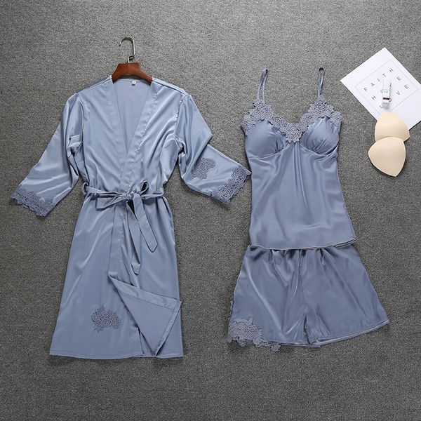 

spring 3pcs robe kimono sleepwear sets womens strap pants suit casual home wear pajamas nightwear bath gown -2xl, Blue;gray