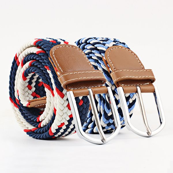 

2020 new fashion wide belt for men women elastic knitted braid jeans dress belt with leather metal buckle casual for unisex, Black;brown