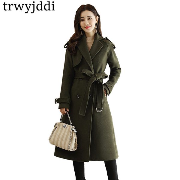 

winter women woolen trench lapel double breasted long overcoat solid slim elegant outwear female fashion bandage coats hl164, Black