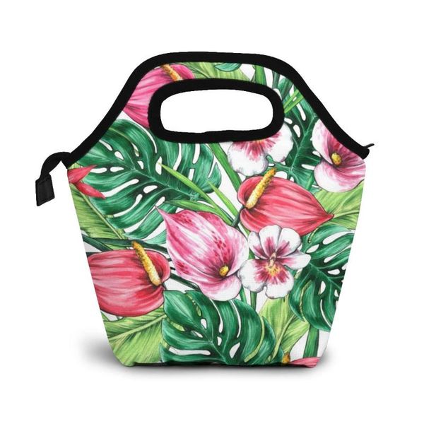 

seamless floral pattern of tropical flowers and leaves. lunch bag boxes bags portable insulated picnic box for women men, Blue;pink
