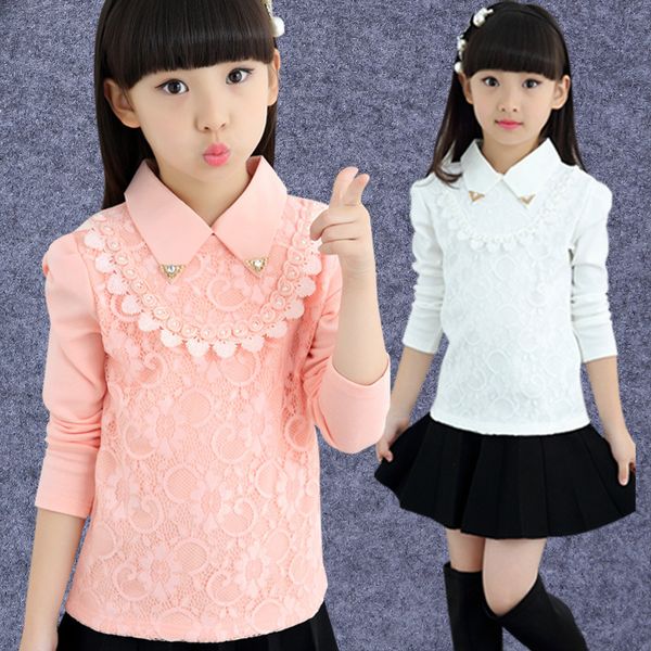 

warm winter children clothing spring fall 2018 girls longs sleeve blouse turndown collar kids lace shirts for school, White;black