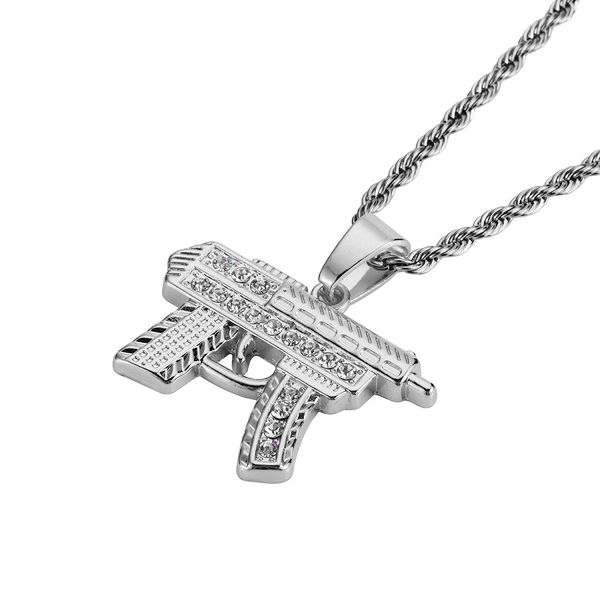 

fashion hip hop submachine gun pendant necklace stainless steel jewelry men silver gold color chain rhinestone design punk necklace for mens