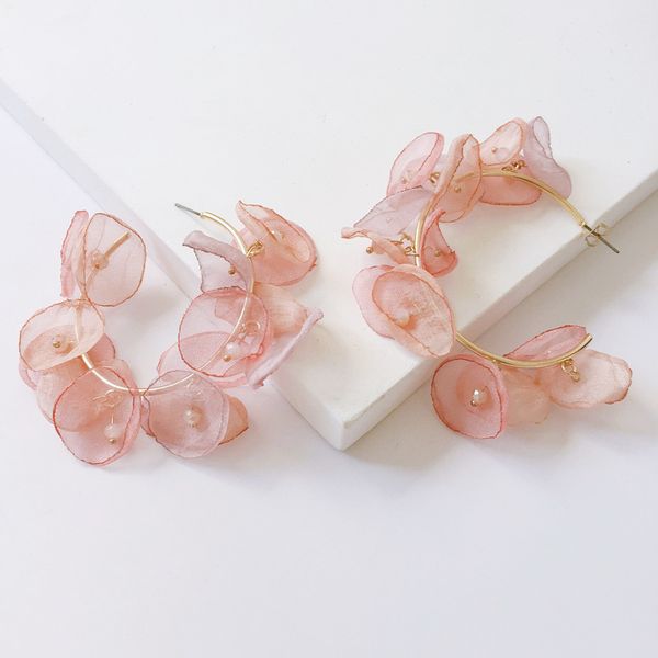 

handmade fairy simulation flower big hoop earrings for women girl c shape floral clear yarn earrings wedding statement jewelry, Golden;silver