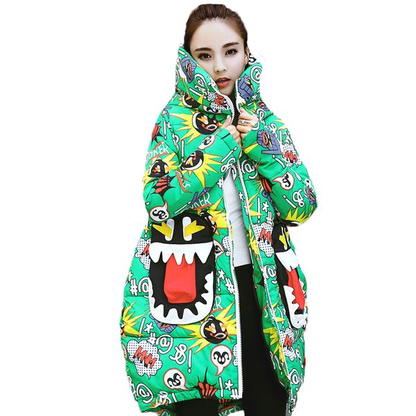 

2018 plus size hat hooded print winter coat women korean harajuku down cotton clothes female long cartoon thick warm parka a777, Black