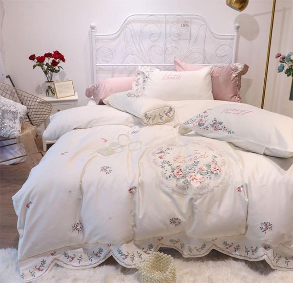 

pastoral embroidered flower bedding set,full  king romantic cotton double home textile flat sheet pillow case duvet cover