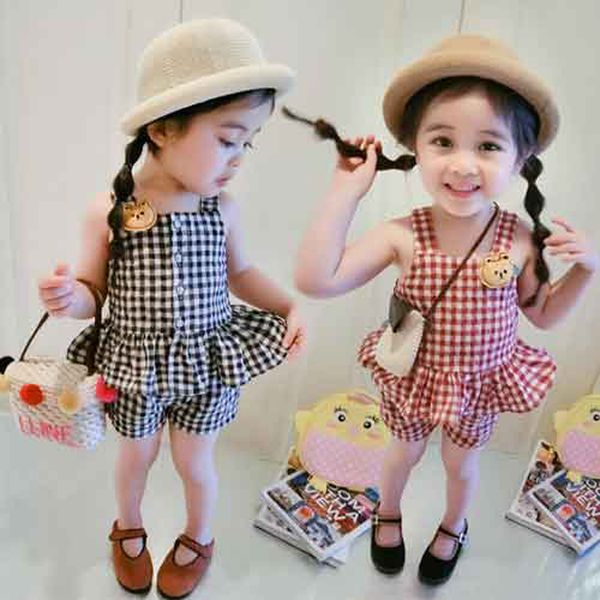 

2019 new fashion summer baby sling children's shorts two-piece plaid suit, White