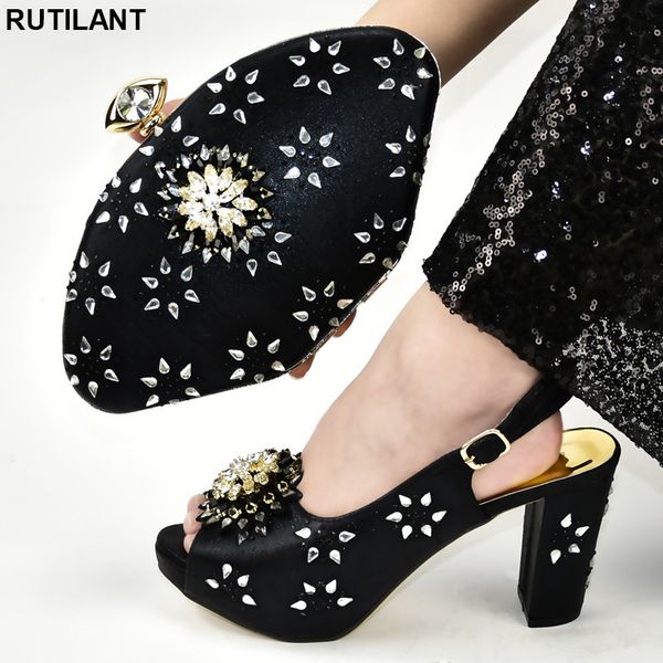 

new italian ladies shoes and bag set decorated with rhinestone nigerian shoes and bag set for women woman 2019 spring, Black