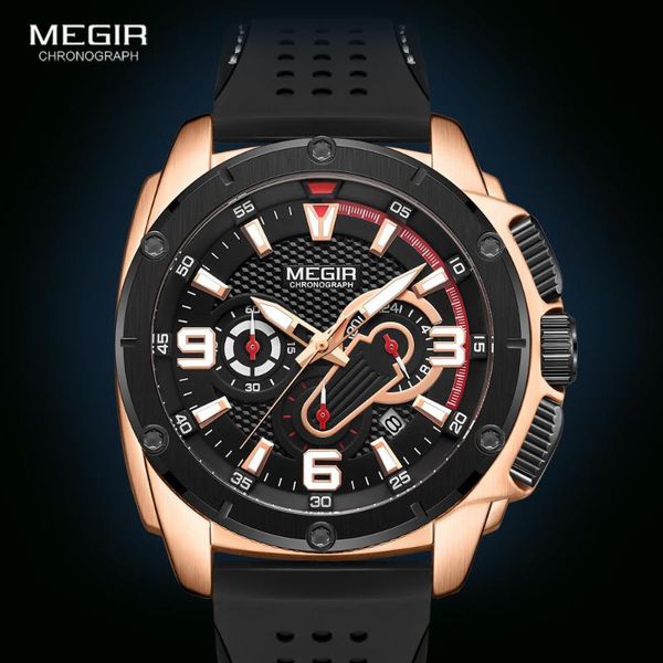

megir men's sport watchess 2020 waterproof luminous wristwatch silicone chronograph quartz watch men, Slivery;brown