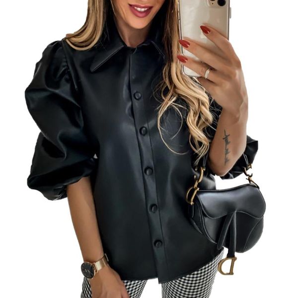 

elegant shirts women leather blouse women spring long sleeve shirts blouses vintage puff sleeve buttons ladies blusas mujer, White