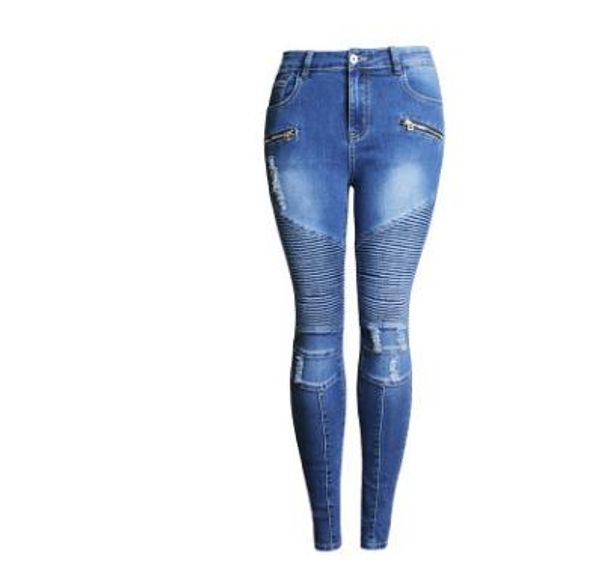 

2019 womens stretch casual skinny hole denim pants motorcycle biker middle waist pencil jeans female motor trousers s60, Blue