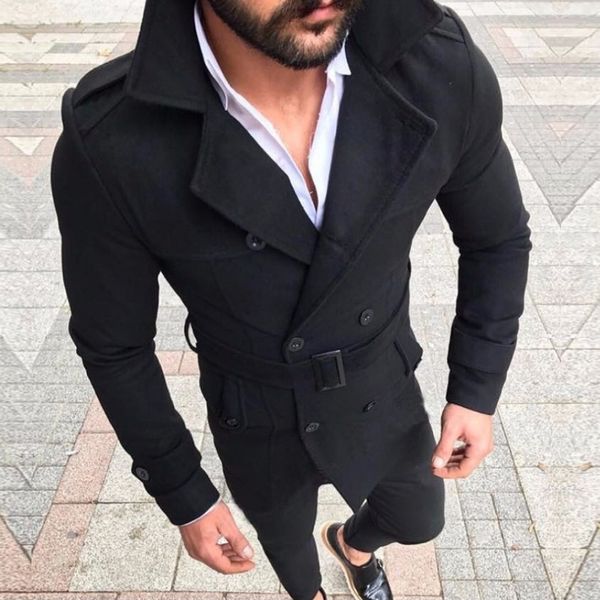 

men's jackets casual autumn coat lapel long sleeve warm double-breasted slim fit belt coat, Black;brown