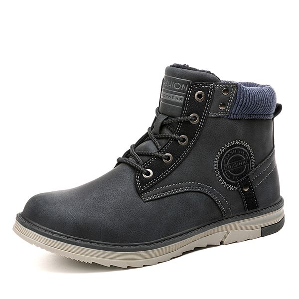 

puimentiua black warm winter men boots pu leather ankle boots men winter work shoes fur snow for botas