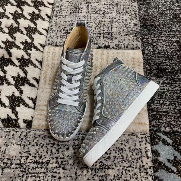 

luxury fashion designer glitter leather casual flat with spikes red bottom sneaker studs men studs walking women comfort leisure eu35-47, Black