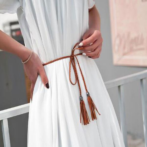 

thin pu leather belt women dress strap tassel fringe chain belts for women red brown black white yellow waist belts 6501, Black;brown