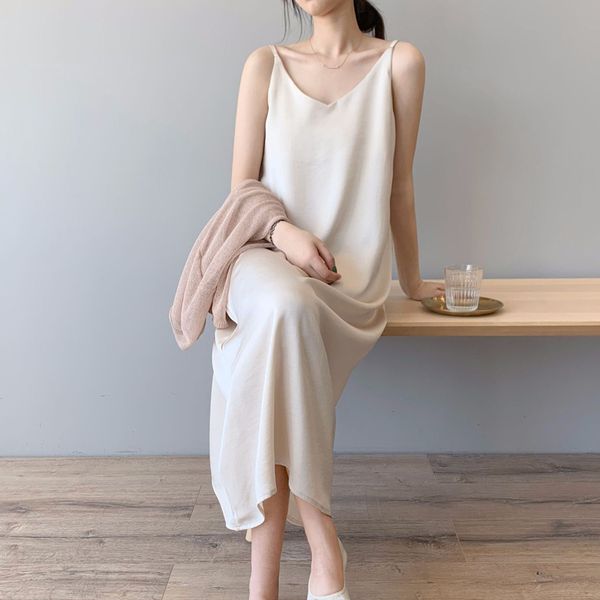 

spring summer women satin dress sundress imitation silk dress long skirt party supplies ladies fashion, White