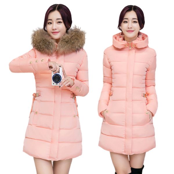 

winter jacket women elegant thick warm slim long hooded down cotton jacket with artificial collar padded coat outwear, Black